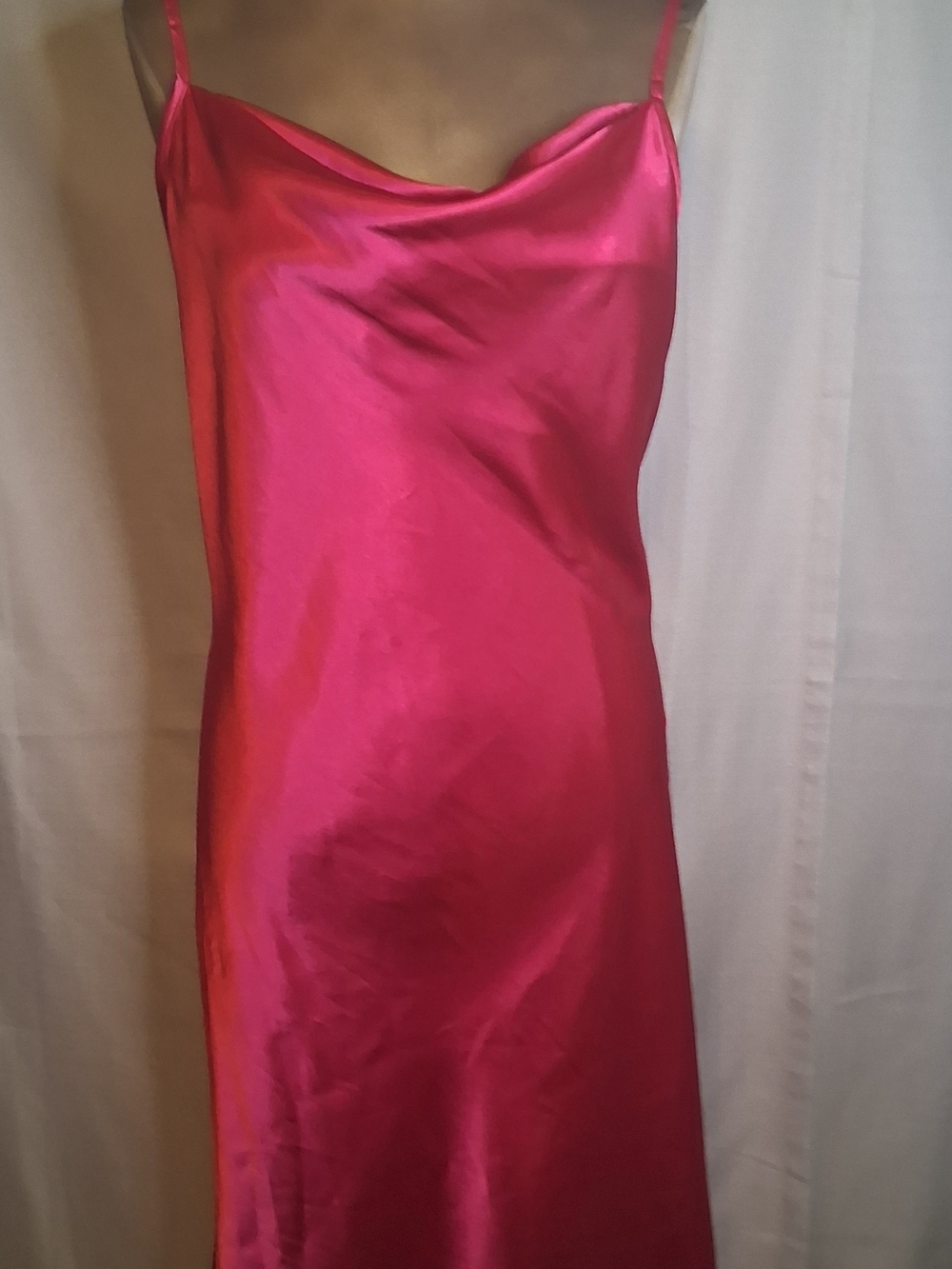 BEBE Hot Pink Satin Cowl Neck Midi Slip Dress